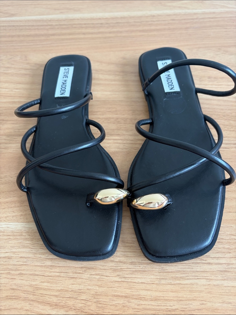 Steve Madden Black Strappy Slide Sandals with Gold Accents
